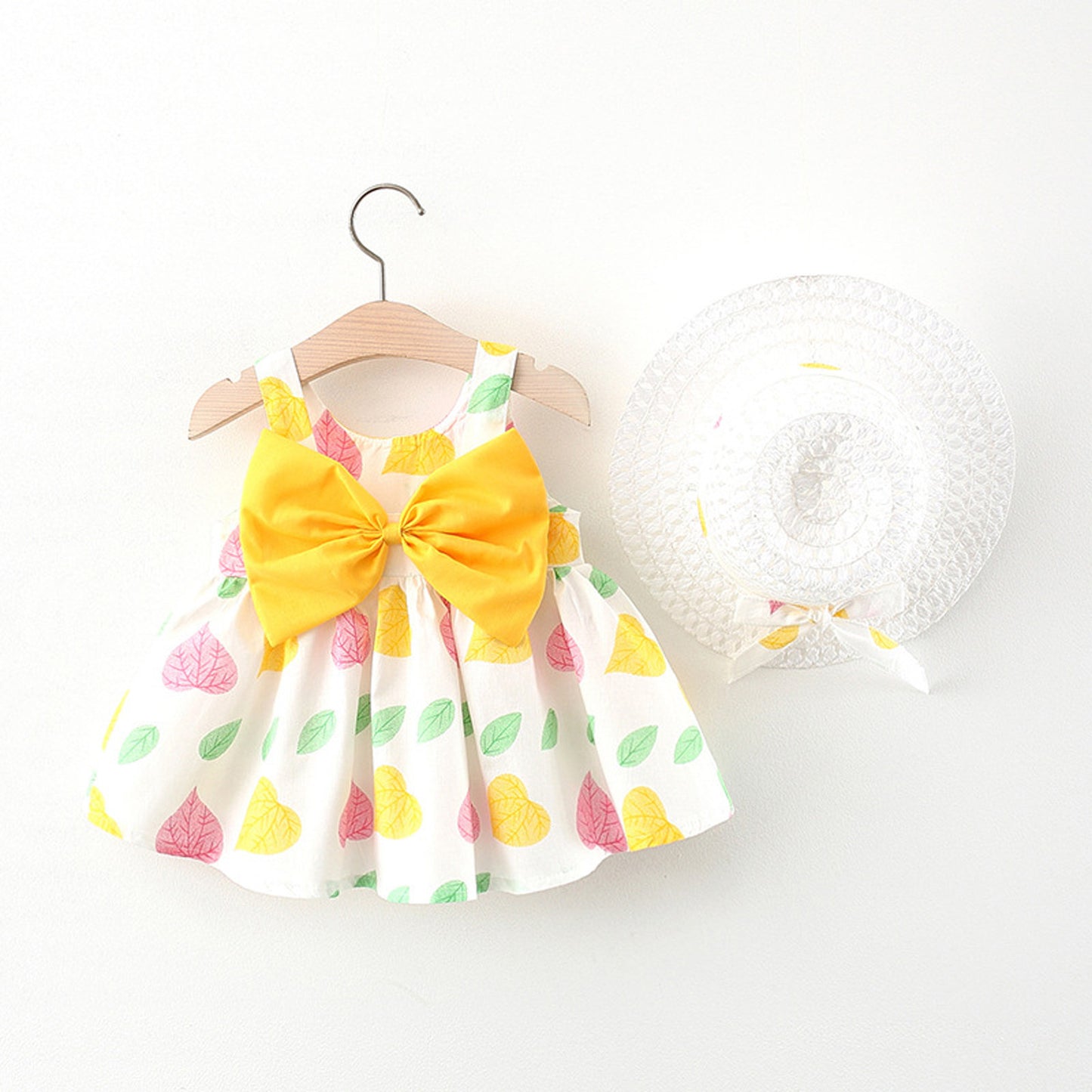 Summer Baby Girl Big Bow Sleeveless Print Dress With Hat 2pc Set