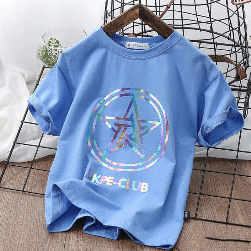 Boys'' Short Sleeve T-shirt Net Red Laser Reflective Cub Children''s Top Fashion
