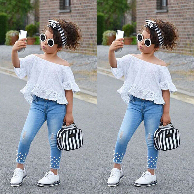 Toddler Girls' Cute White Top And Jeans 2pc Set