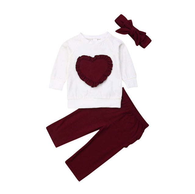 Little Girl Heart-shaped Long-sleeved T-shirt 3pc Set