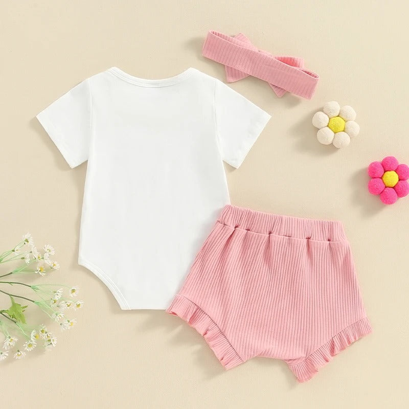 Girls' Letter Print Short-sleeve Onesie Shorts Headboard 3pc Set