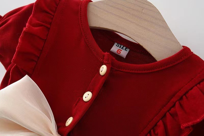 Baby/Toddler Solid Color Pineapple Mesh Stitching Dress