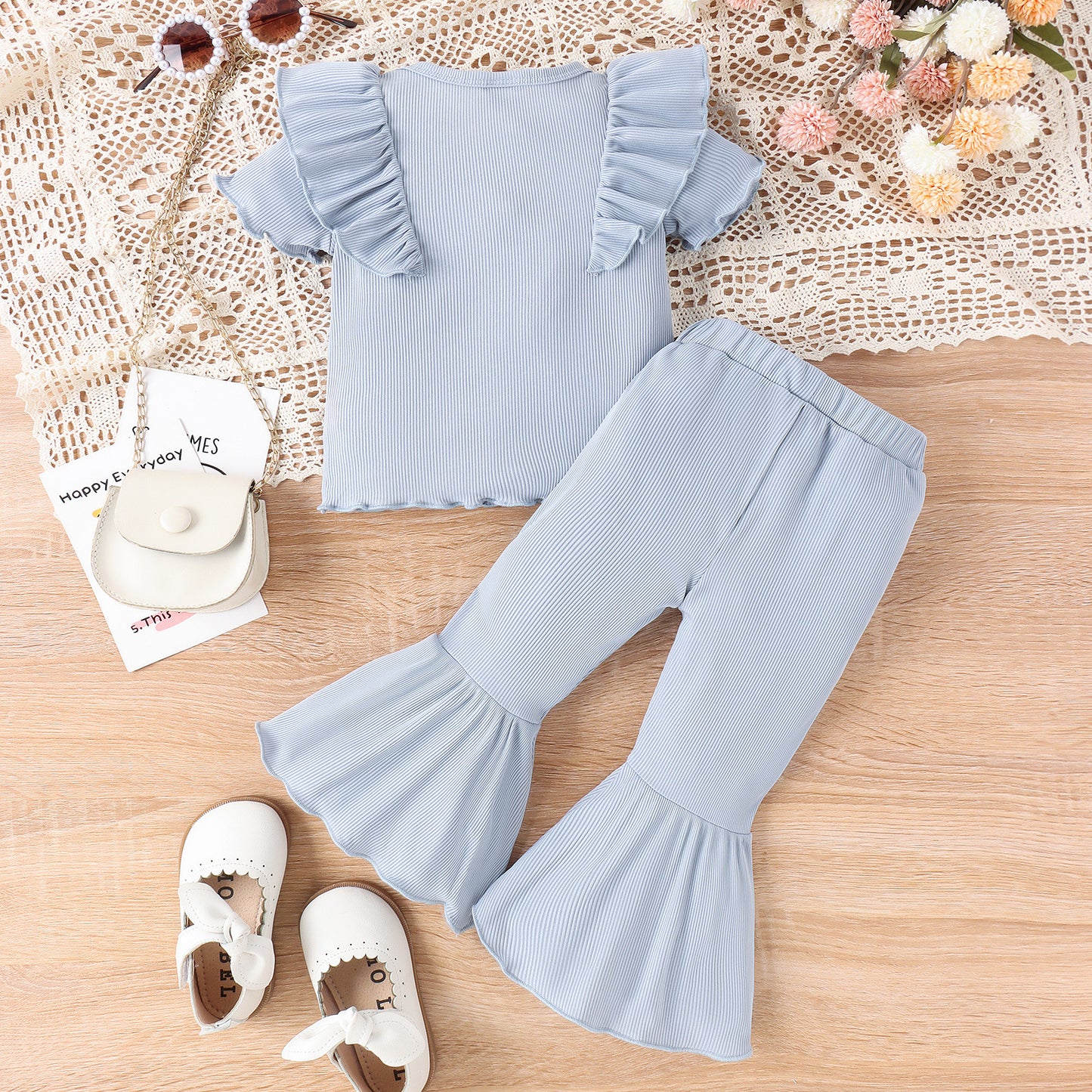 Baby/Toddler Girls' Sweet Leisure Solid Color Short Sleeve Top, Bell-bottom Pants 2pc Set