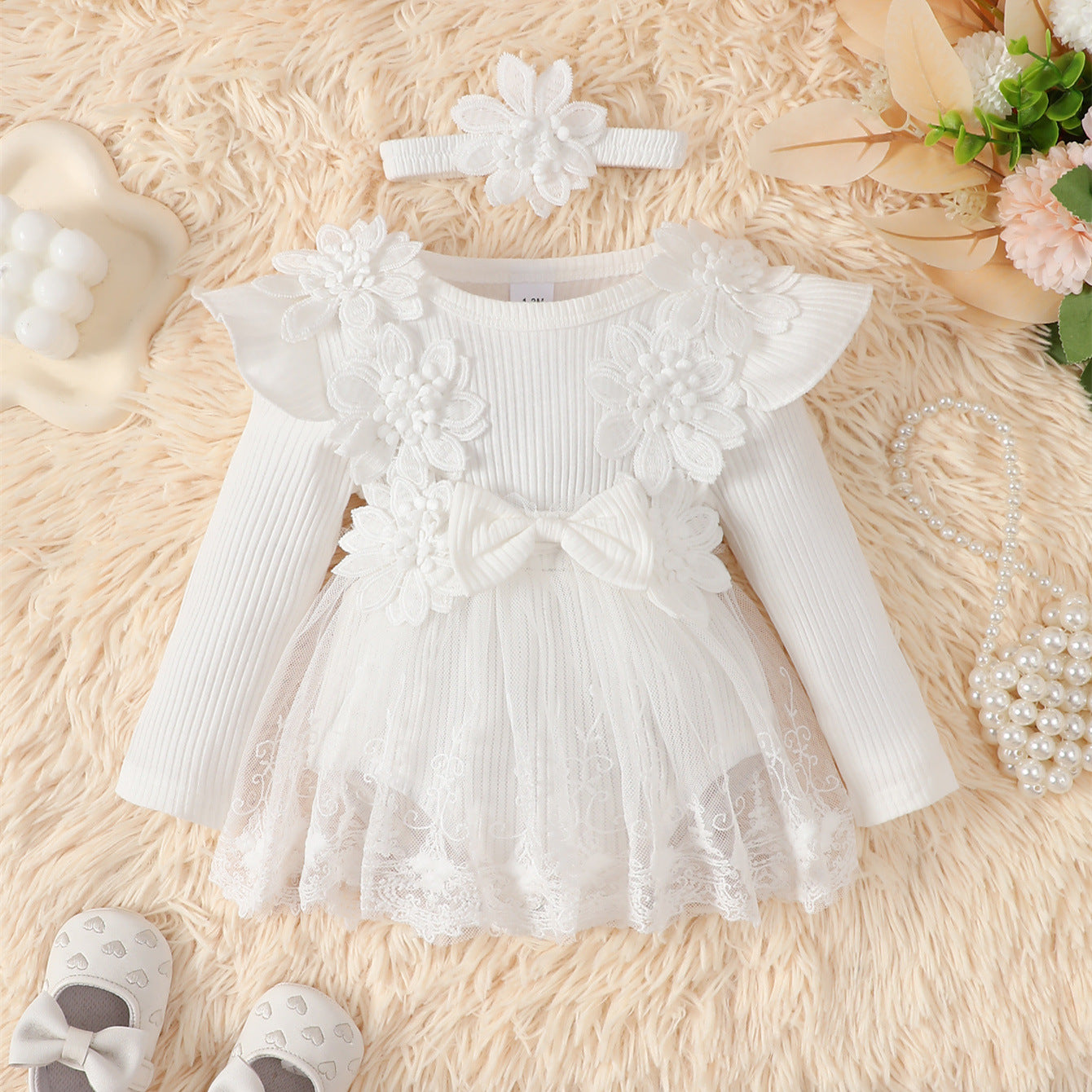 Infant Toddler Lace Flower Long Sleeve Jumpsuit Princess Princess Dress