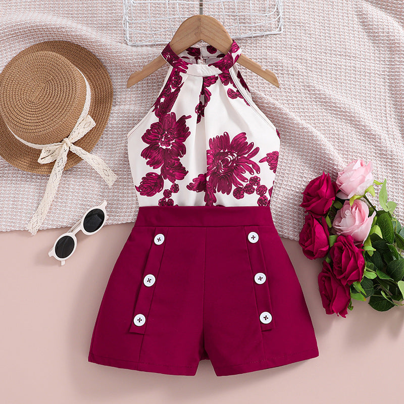 Girl's Summer Printed Halter Top & Shorts Set