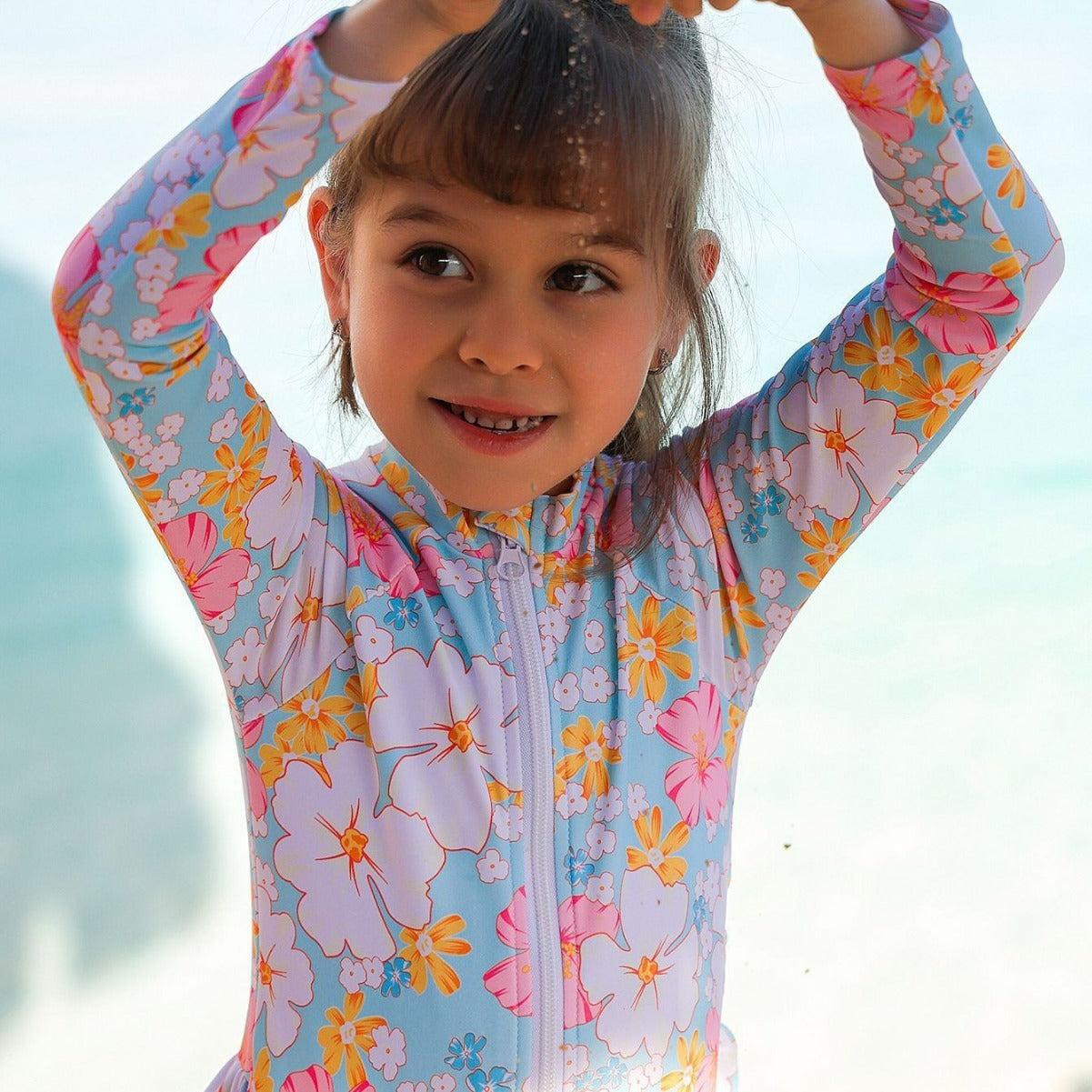 Girls' Summer Breathable One-piece Long Sleeves Printed Cute Swimsuit