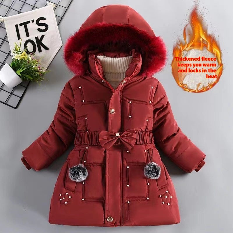 Girls' Winter Fleece-lined Coat, Thickened Cotton Jacket