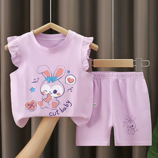 Girls' Summer Short-Sleeve Cotton Shorts Set