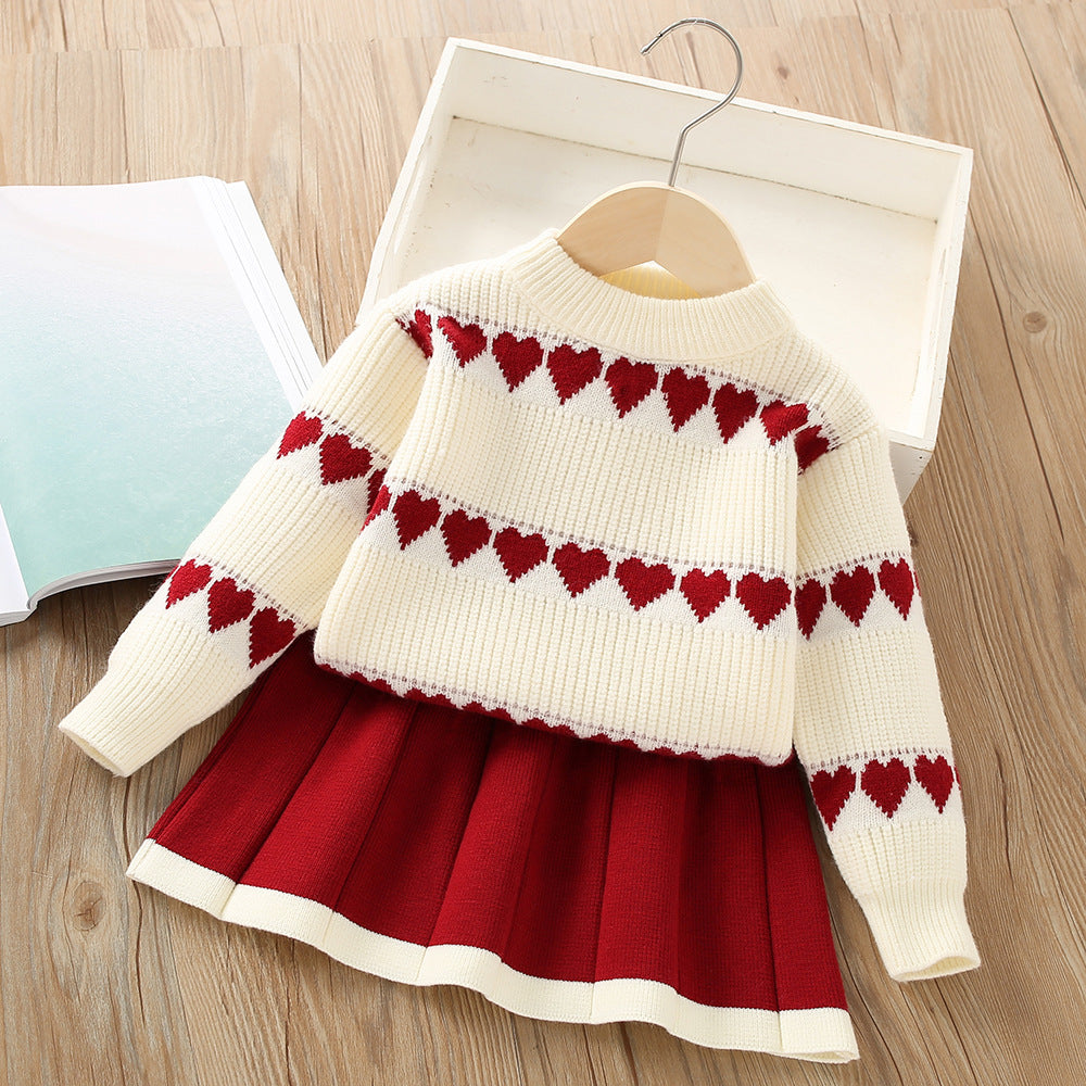 Girls' Fashion Personality Heart Knitted 2pc Skirt Set