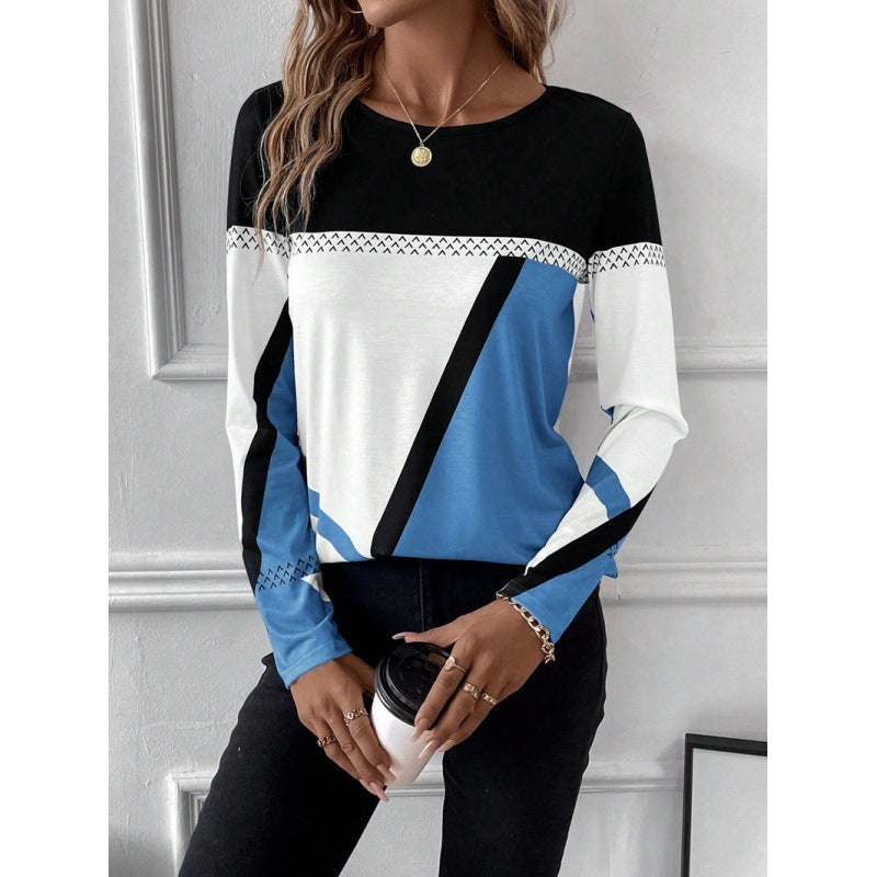 Pullover Round Neck Contrast Colour Stitching Geometric Print Top