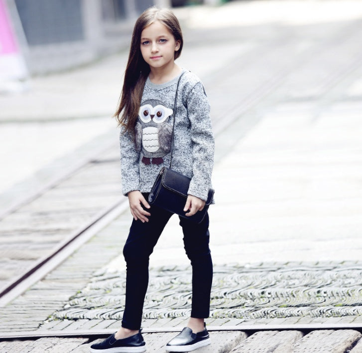 Cartoon Owl Top for Autumn Winter Fleece-Lined Girls' Sweater