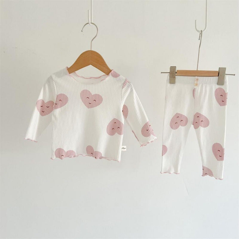 Girls' Long Sleeved Home Wear Pajamas With Wooden Ear Edge Set