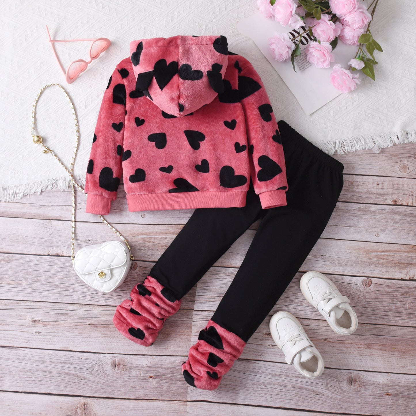 Heart Hooded Fleece Casual Long Sleeve Pants Suit 4-piece Set