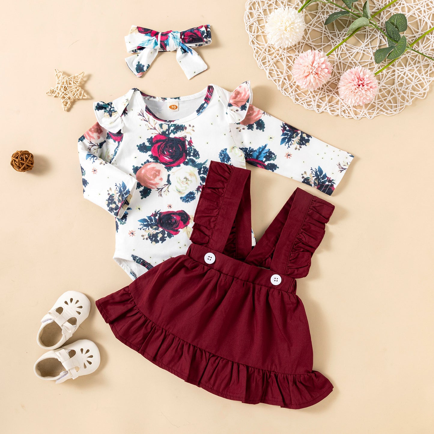 Printed Long-sleeved Baby Girl Ruffled Dress 3pc Set