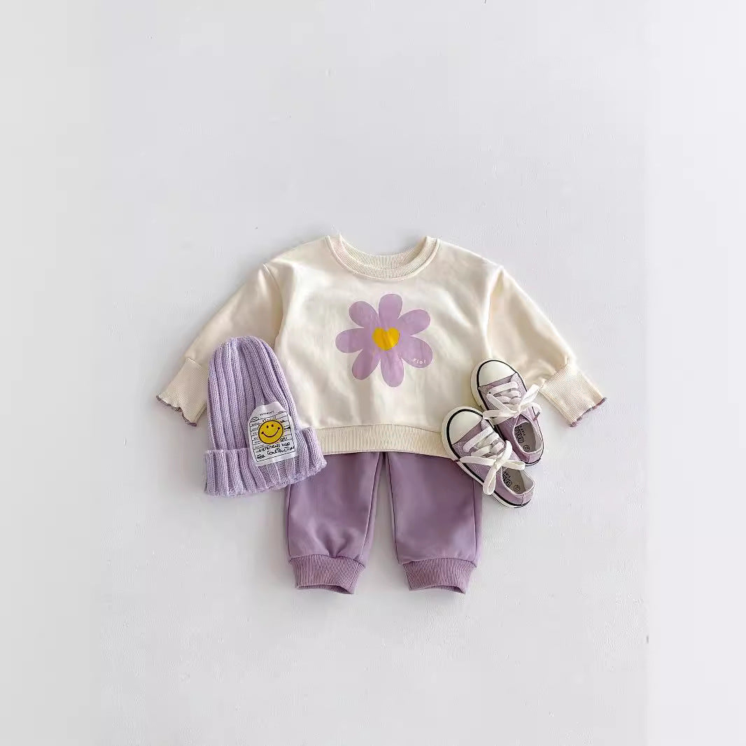 Baby Girls' Cute Flower Sweatshirt And Sweatpants 2pc Set