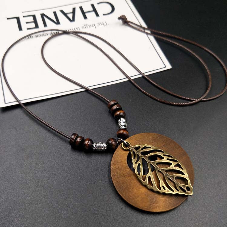 Vintage Cotton And Linen Ethnic Style Wooden Alloy Leaf Necklace