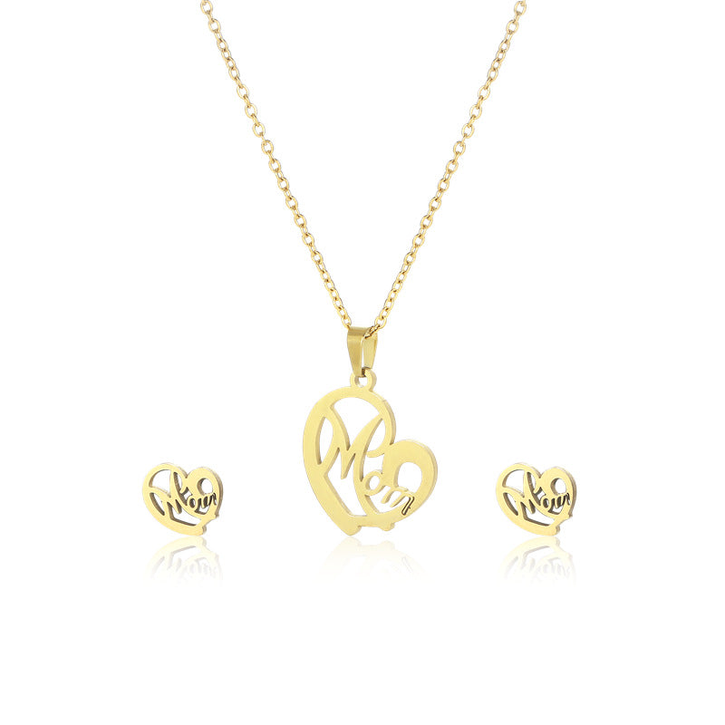 Fashion Jewelry Stainless Steel Heart-shaped Mom Necklace And Earring Set