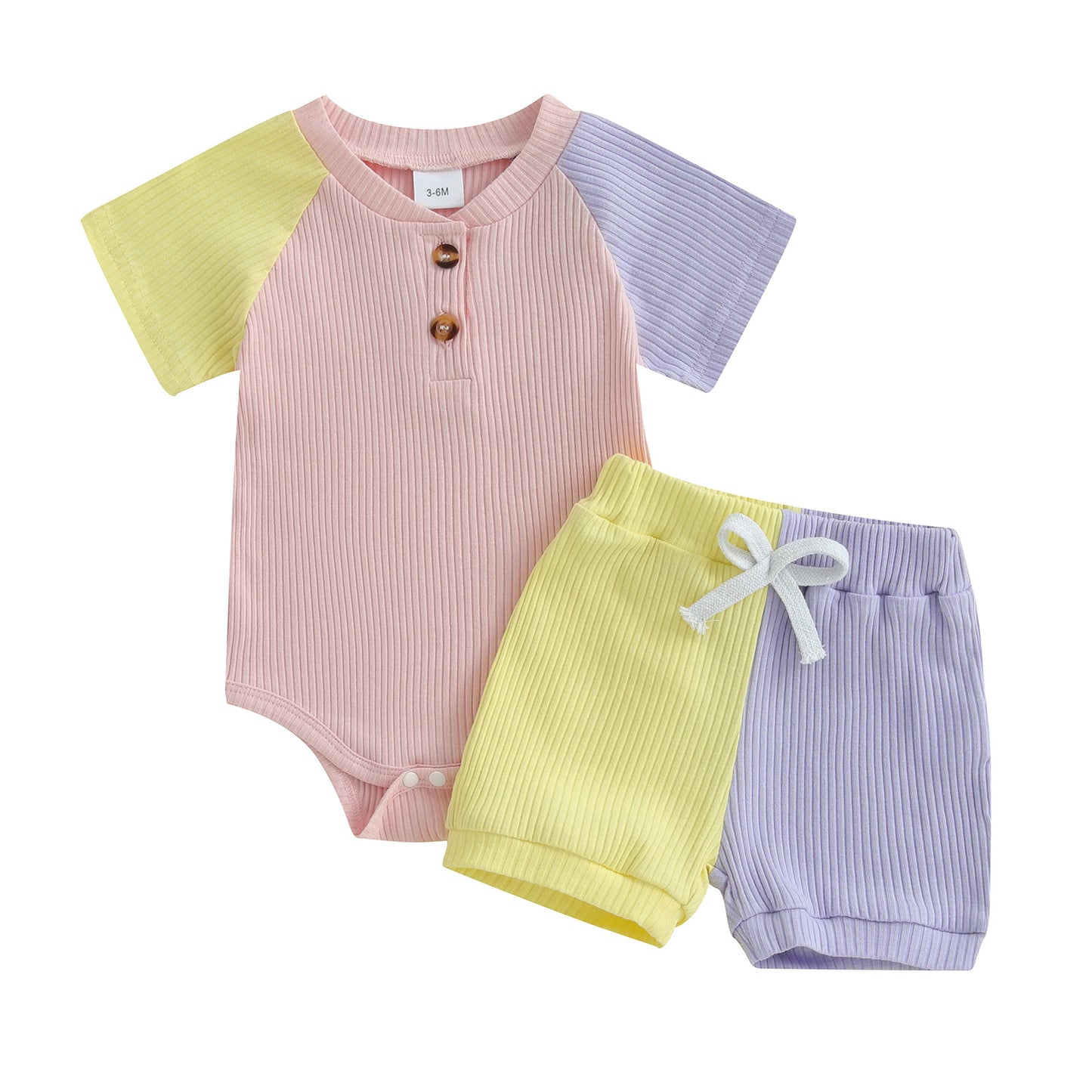 Girls' Summer Rib Fabric Color Matching Short Sleeve 2pc Set