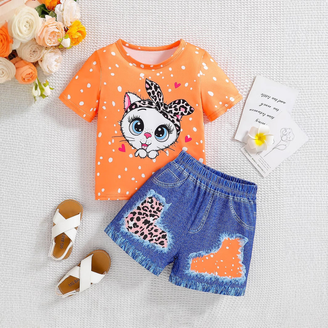 Cartoon Leopard Print Girls' Summer Top and Shorts Two-piece Set