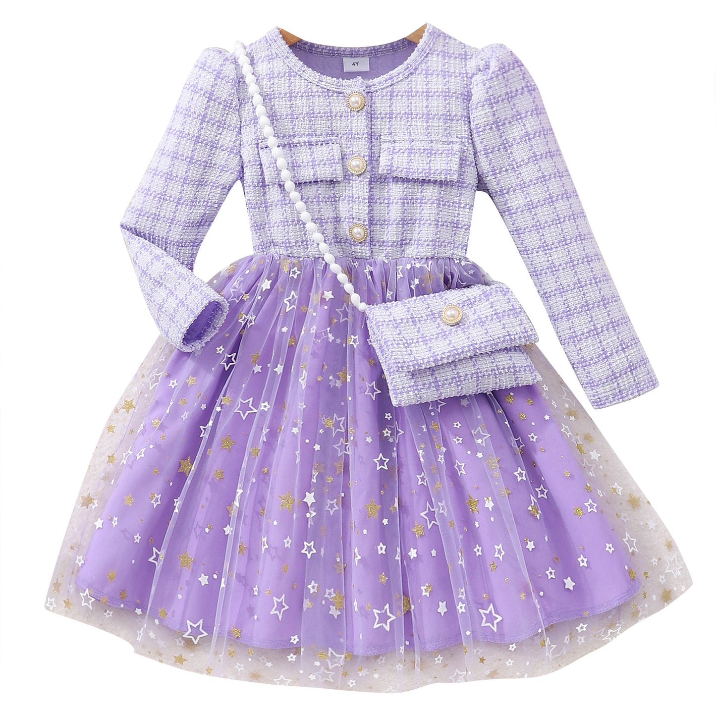 Girls' Long Sleeve Lady Star Mesh Dress