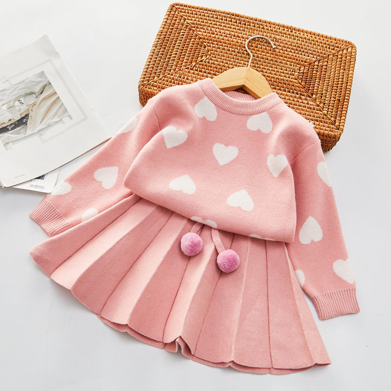 Girls' Love Sweater Pullover Pleated Skirt Set