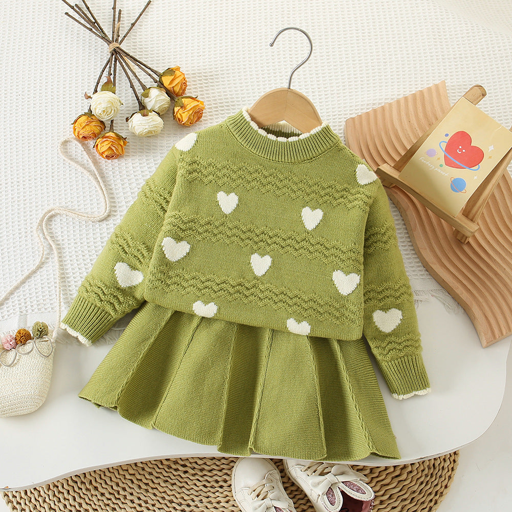Girls' Round Neck Heart Sweater & Skirt 2pc Set
