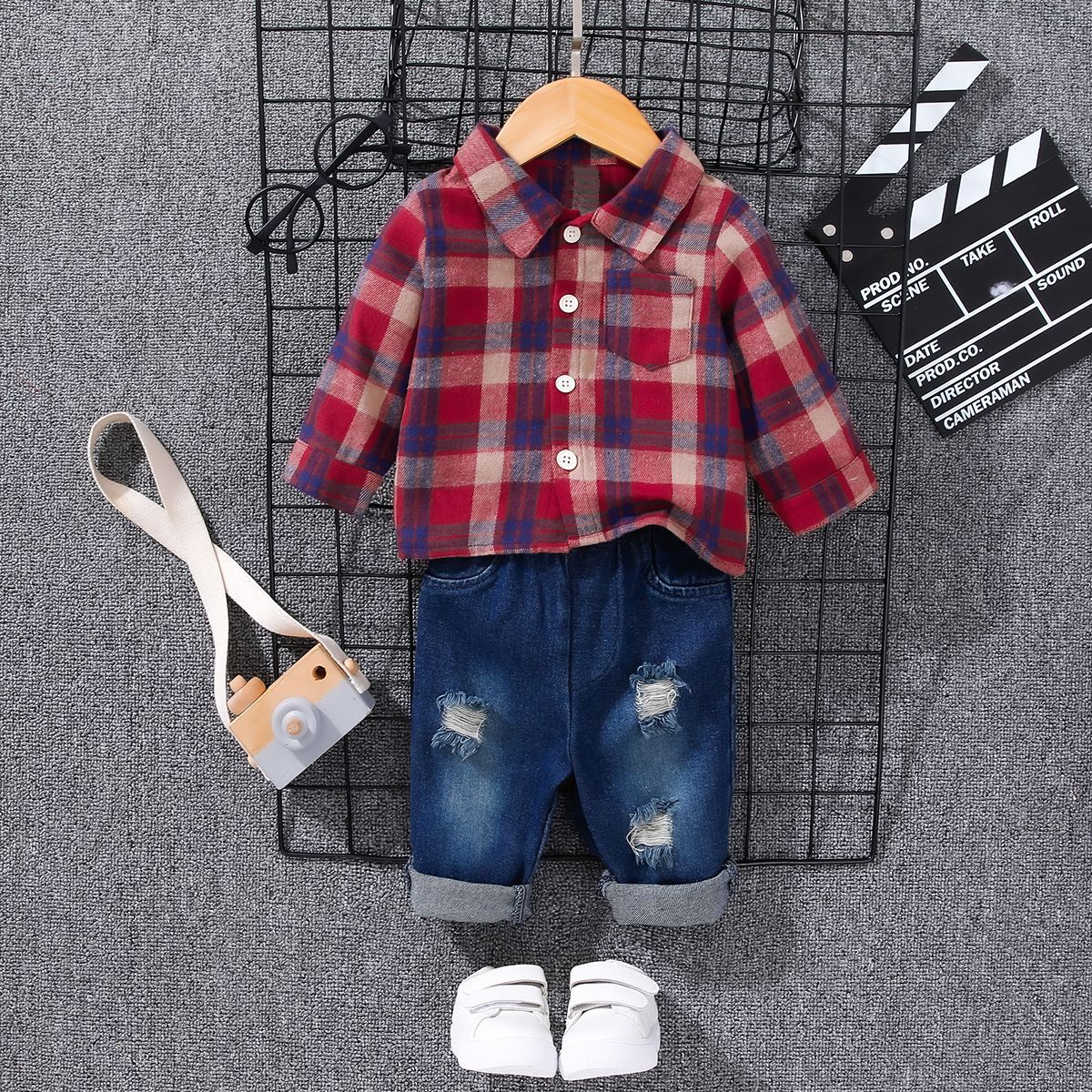 Boys' Plaid Shirt & Denim Pants 2pc Set