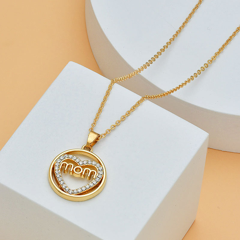 Mom Heart Shape With Diamond Letter Necklace, Gift For Mom