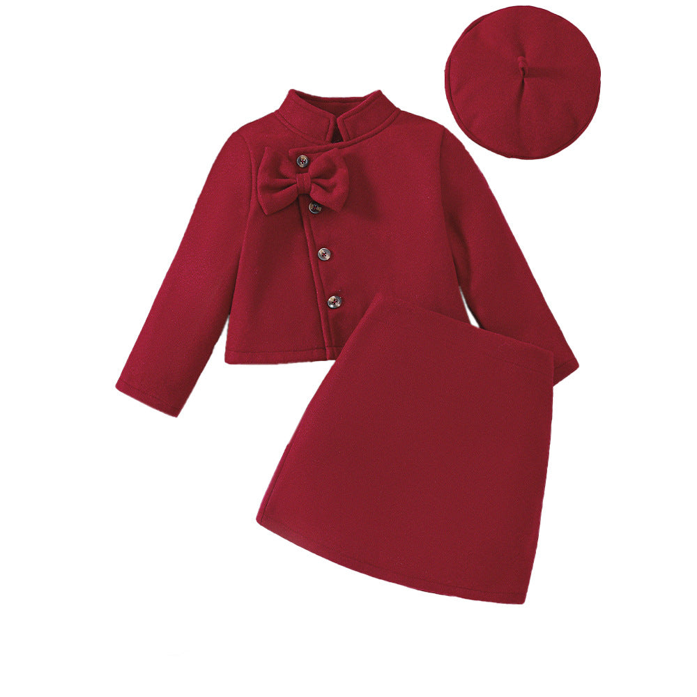 Girls' Red Woolen Bow Top Skirt 3pc Outfit