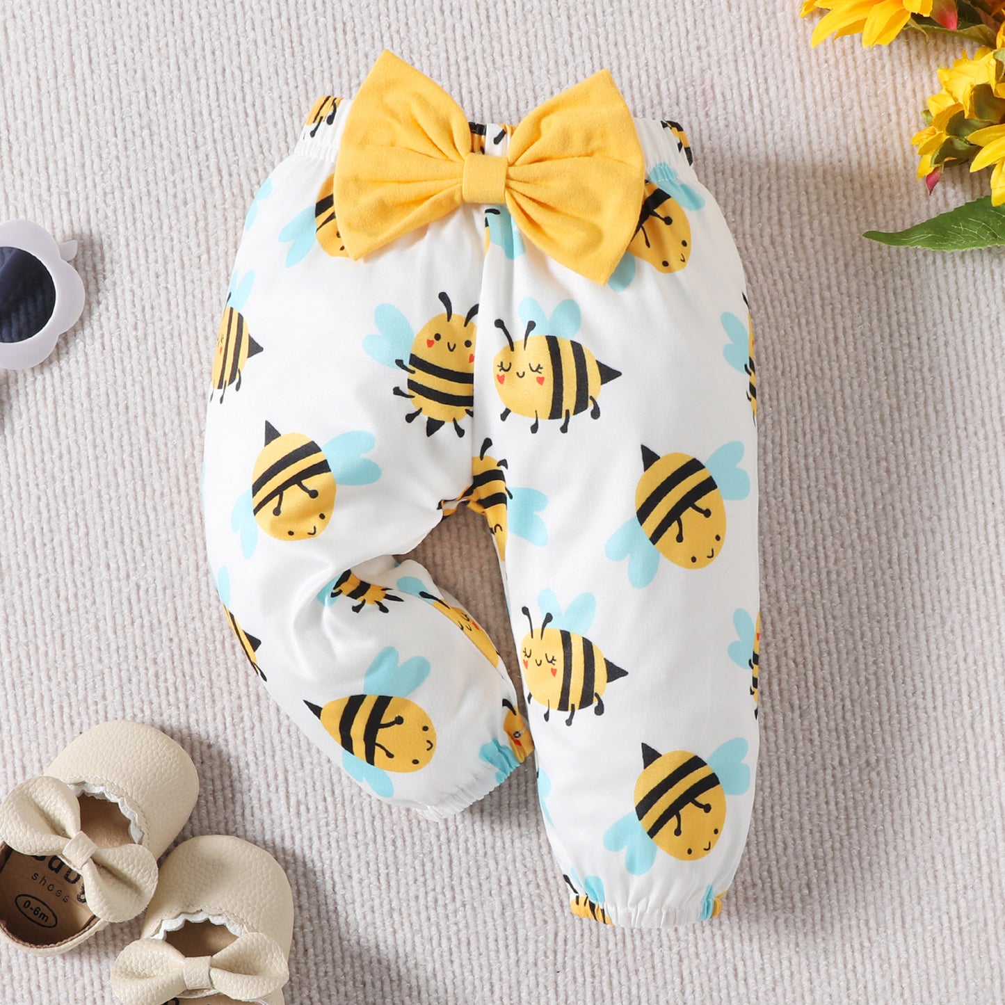 Baby Girl Letter Sunflower Print Bee Full Printed Trousers 3pc Set