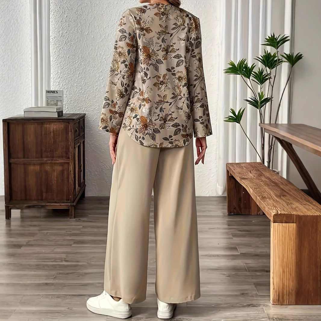 Khaki Printed Wide Leg Relaxed Casual Suit