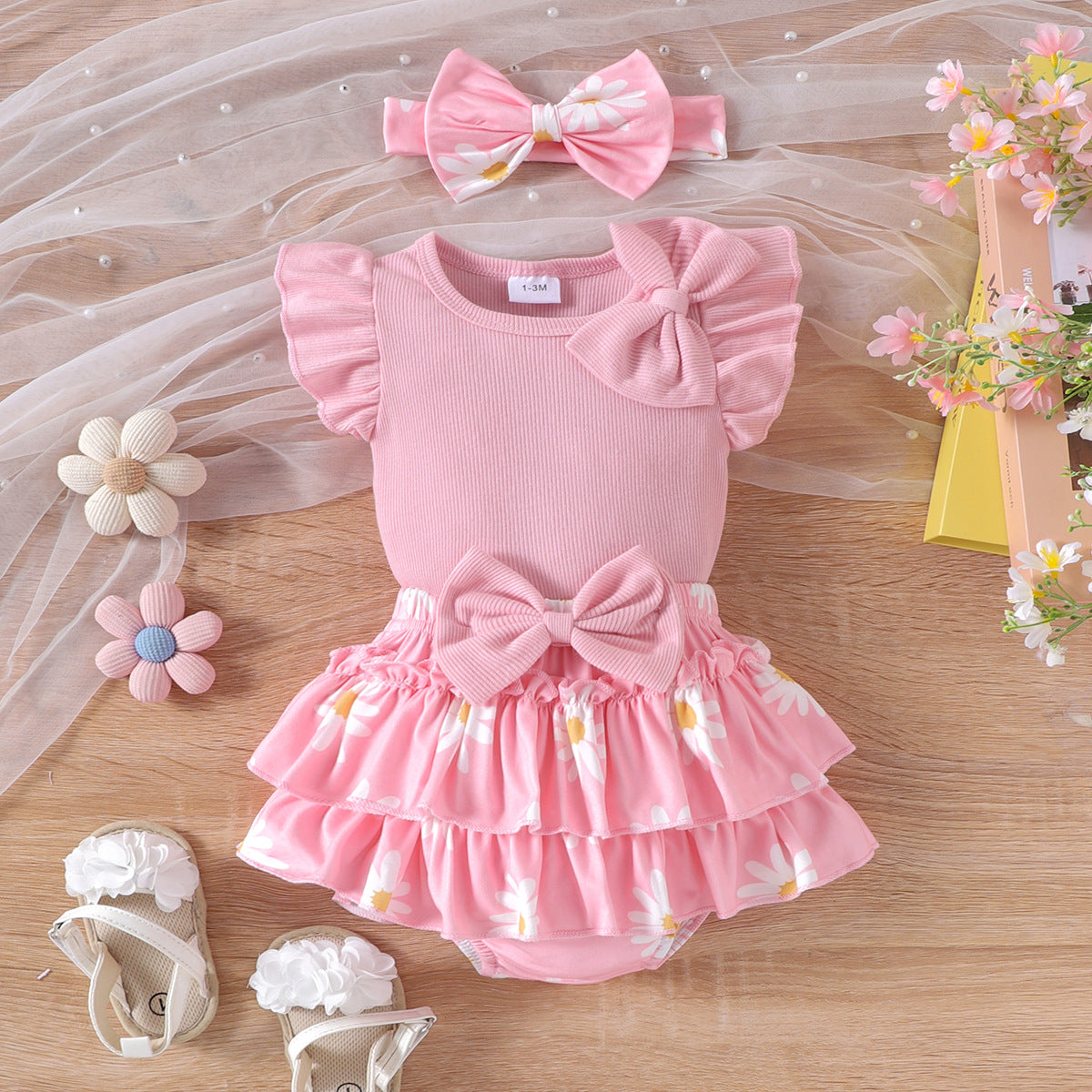 Baby Flutter-sleeve Romper Printed Shorts Set