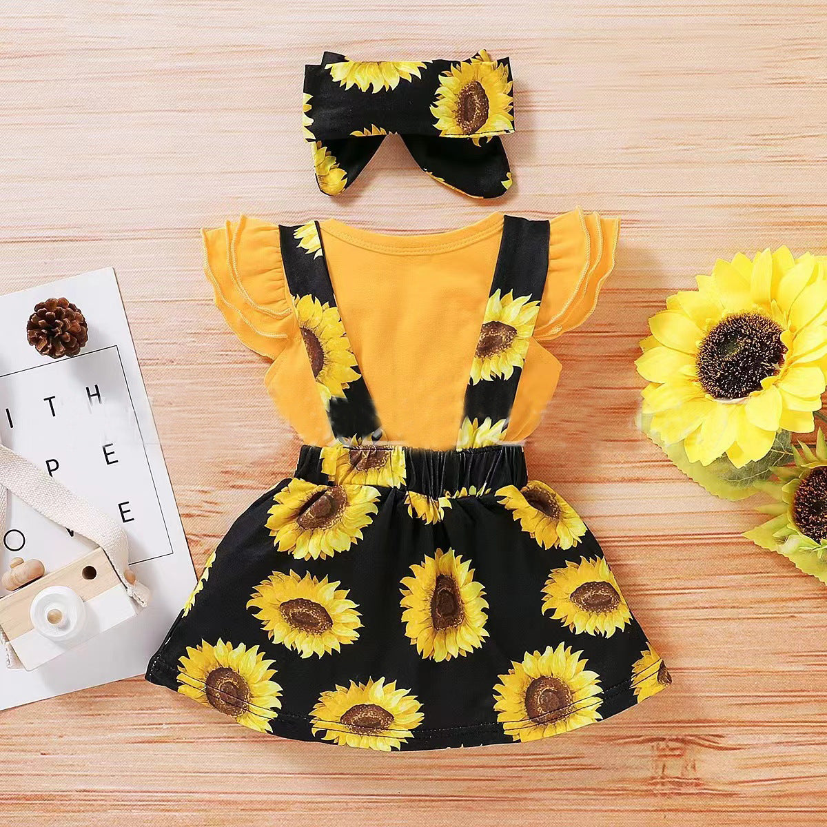 Baby Girls' Sunflower Printing Suit Romper Three-piece Set