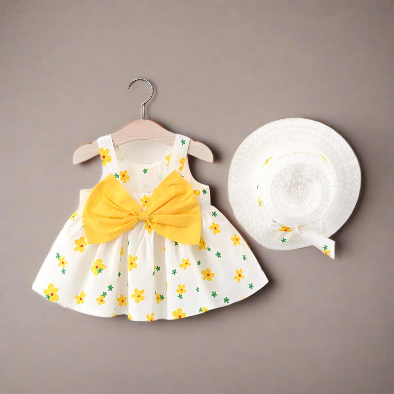 Summer Baby Girl Big Bow Sleeveless Print Dress With Hat 2pc Set