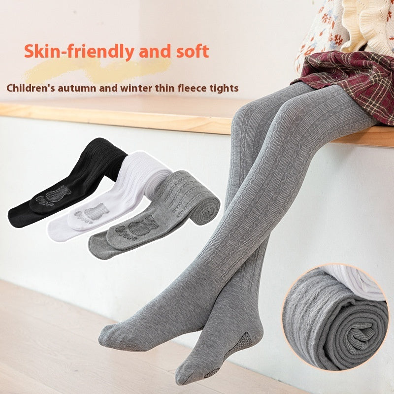 Girls' Thin Fleece Wave Pattern Wool Tights