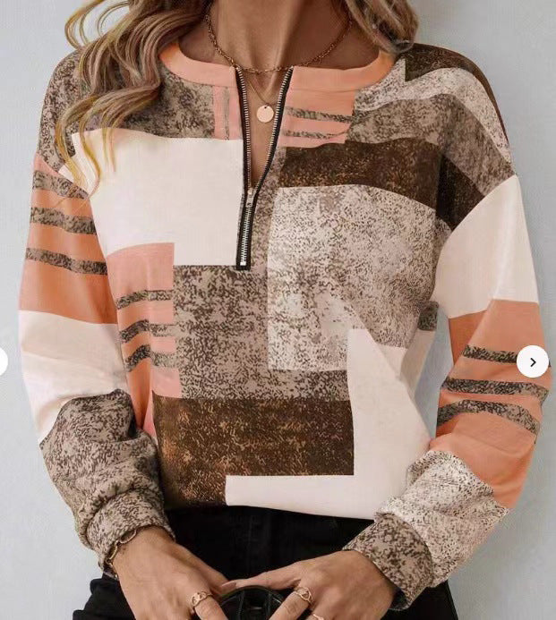 Round Neck Half Zipper Casual Style Polo Shirt Irregular Geometric Top