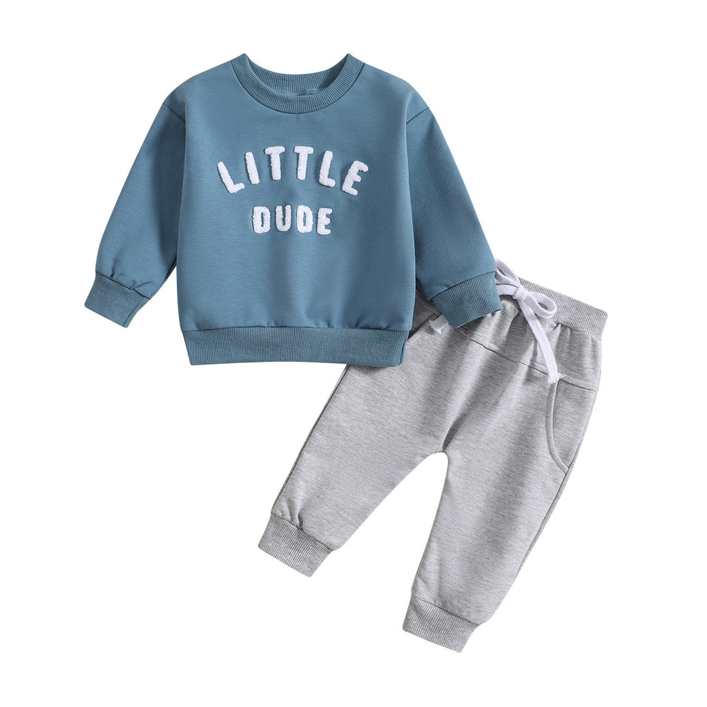 Printed "Little Dude" Top Solid Color Pants 2pc Set