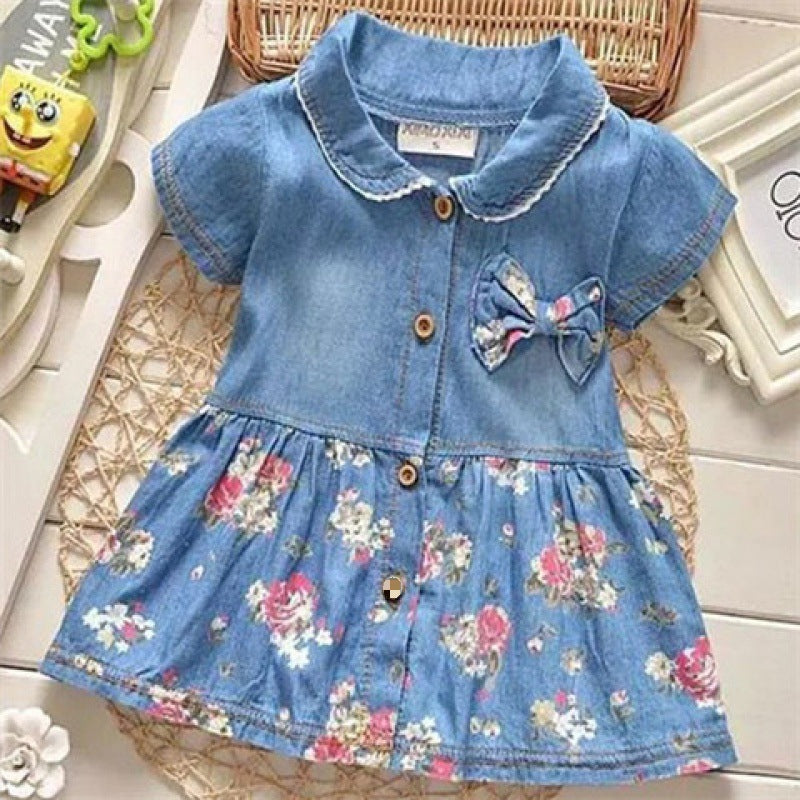 Girls Fashion Casual Denim Floral Dress