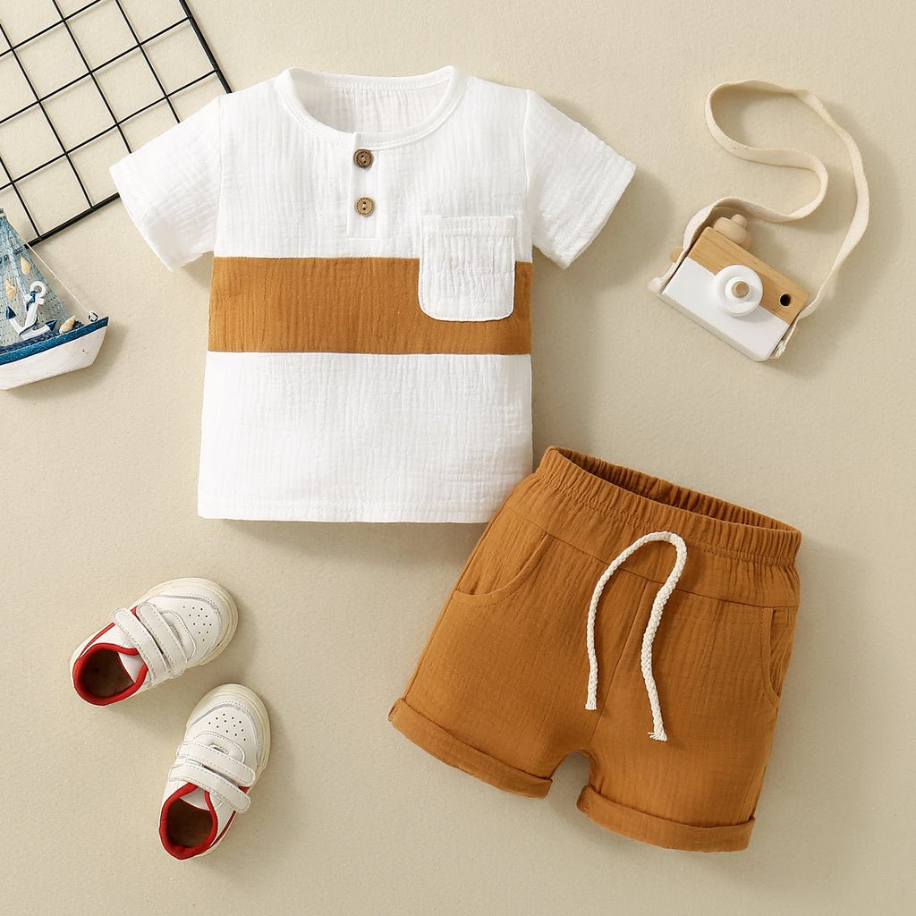 Baby Boy Colour Block Patchwork Top Shorts 2pc Set