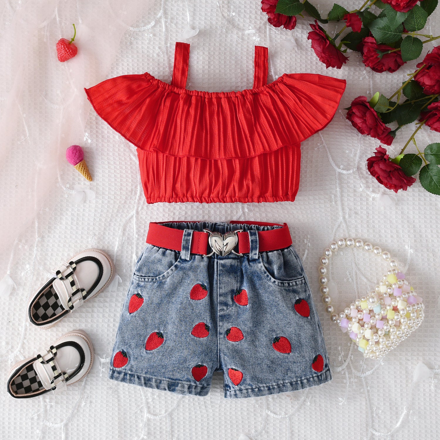 Girls' Off-Shoulder Top & Denim Shorts Set