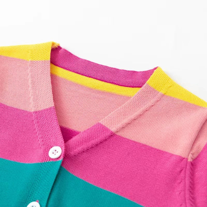 Girls' Cotton Sweater, Rainbow Striped Cardigan