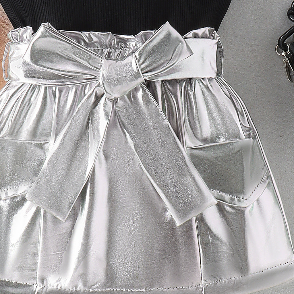 Girls' Summer Black Top Silver Skirt With Belt 2pc Set