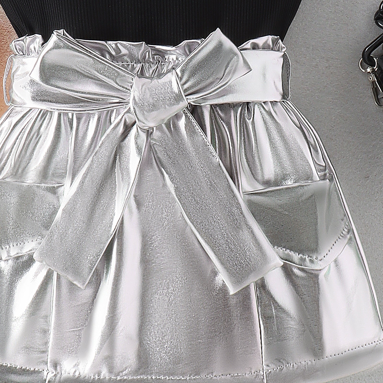 Girls' Summer Black Top Silver Skirt With Belt 2pc Set