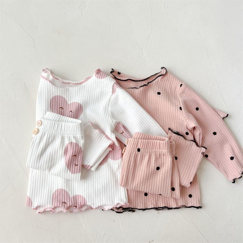 Girls' Long Sleeved Home Wear Pajamas With Wooden Ear Edge Set