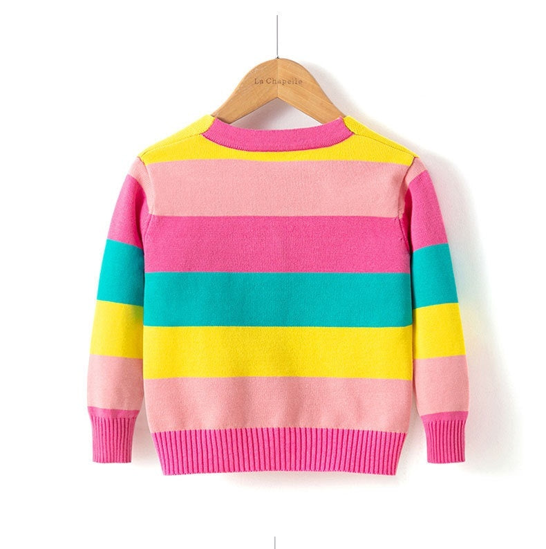 Girls' Cotton Sweater, Rainbow Striped Cardigan