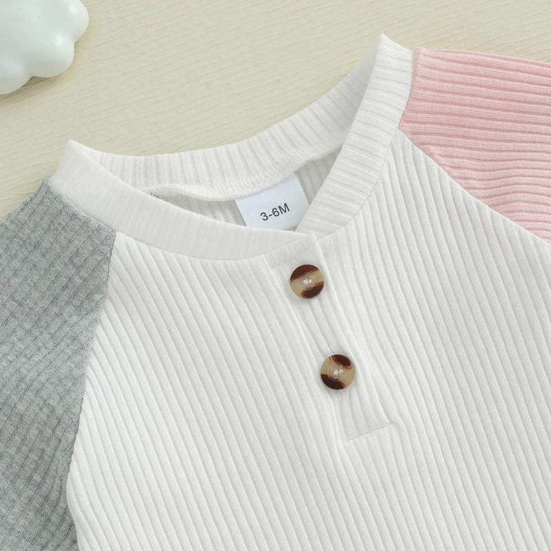Girls' Summer Rib Fabric Color Matching Short Sleeve 2pc Set