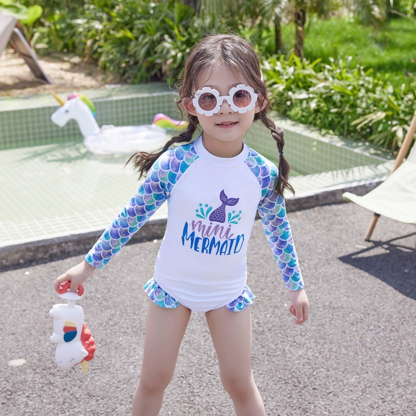 Children's Girl Swimsuit New Cute One-piece Long Sleeves Swimwear