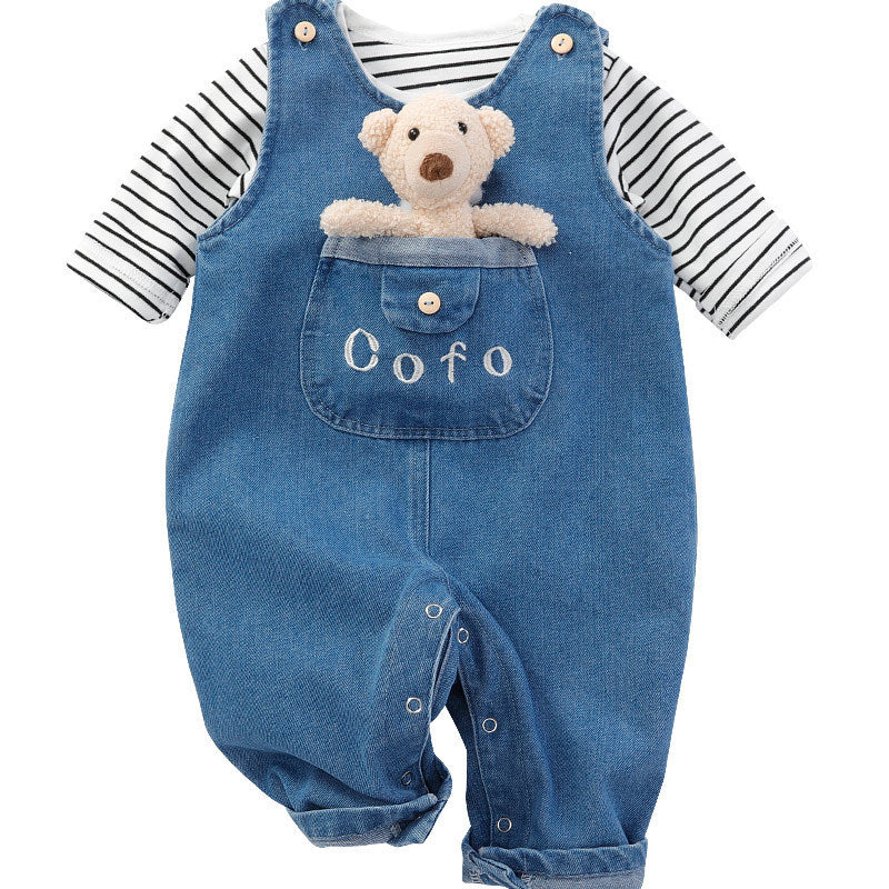 Fashionable Baby Jeans Romper With Striped Short Sleeves Shirt  2pc Outfit