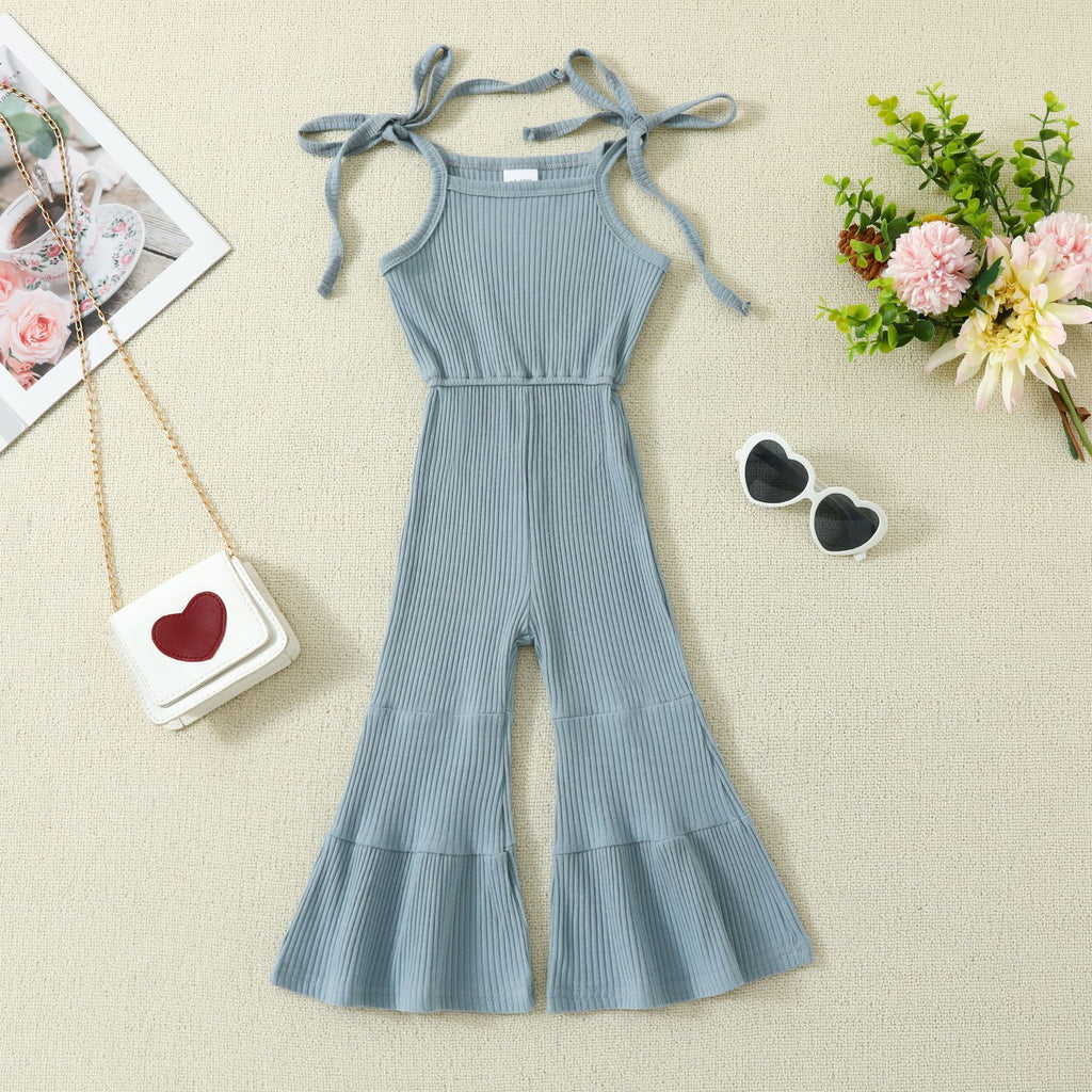 Solid Color Bell-bottom Pants Jumpsuit With Straps