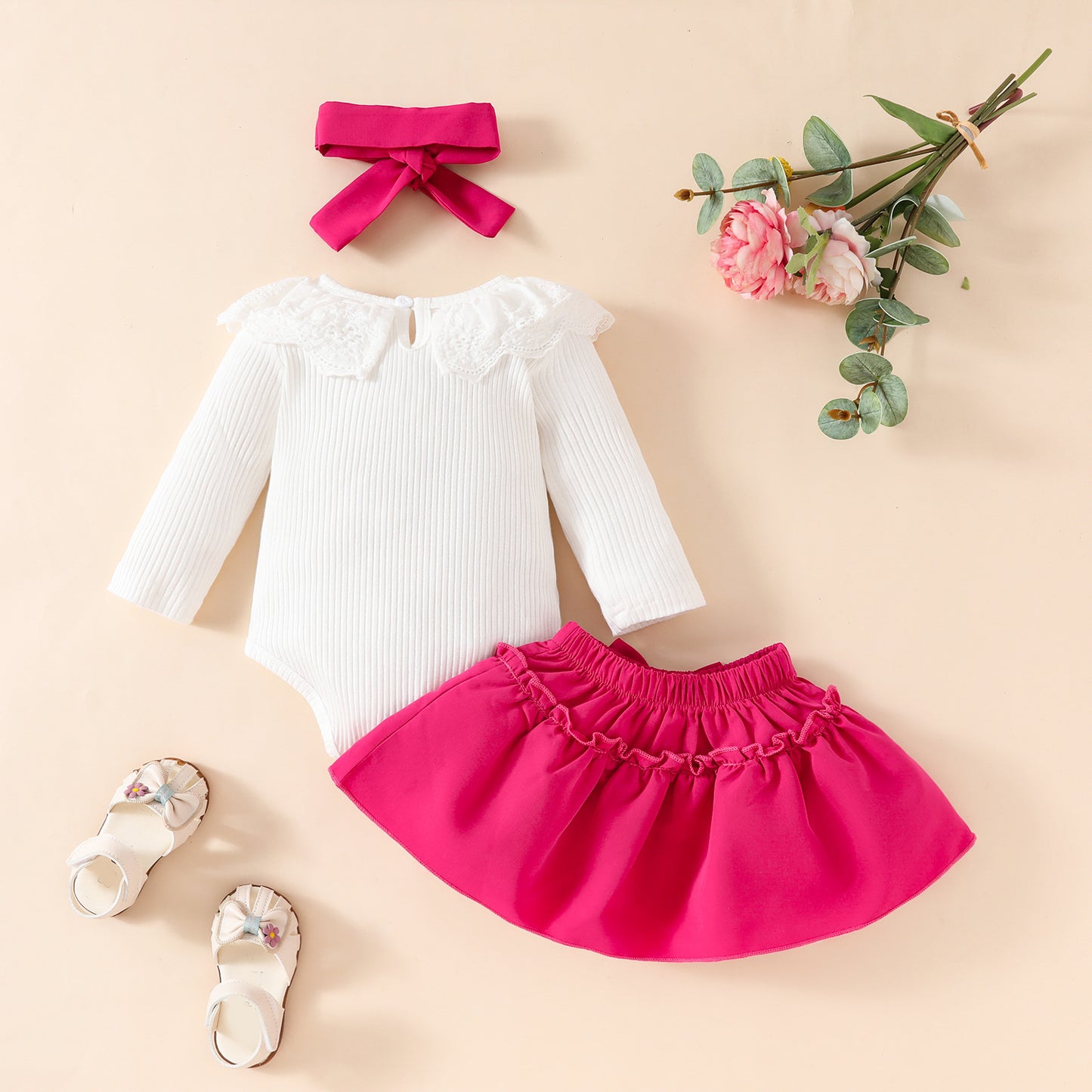 Baby Girl Lace Ruffles Long-sleeve Jumpsuit Bow Skirt Hair Band Three-piece Suit